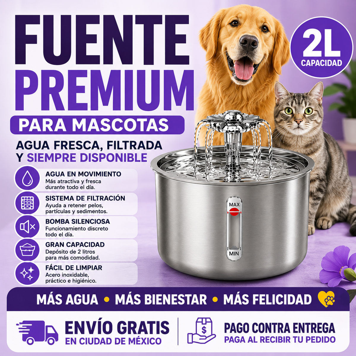 Fuente de Acero Inoxidable 2L para Gatos💧